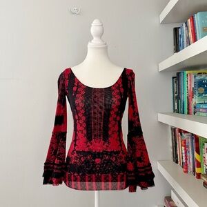 FUZZI Rossi Flare Red and Black Sleeve Blouse XS